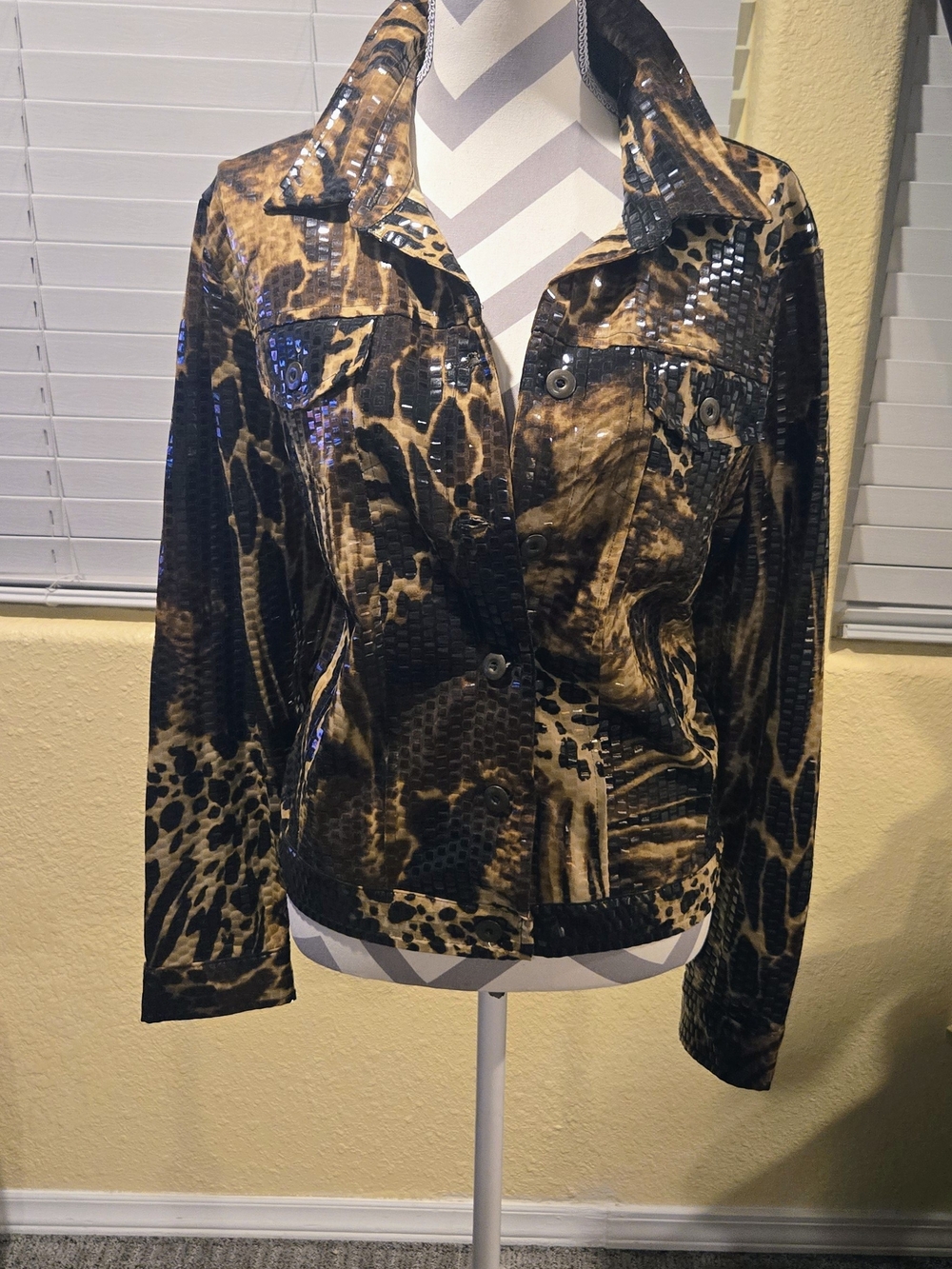 Vintage Elementz Brown and Black Shiny Animal-Print Jean Jacket